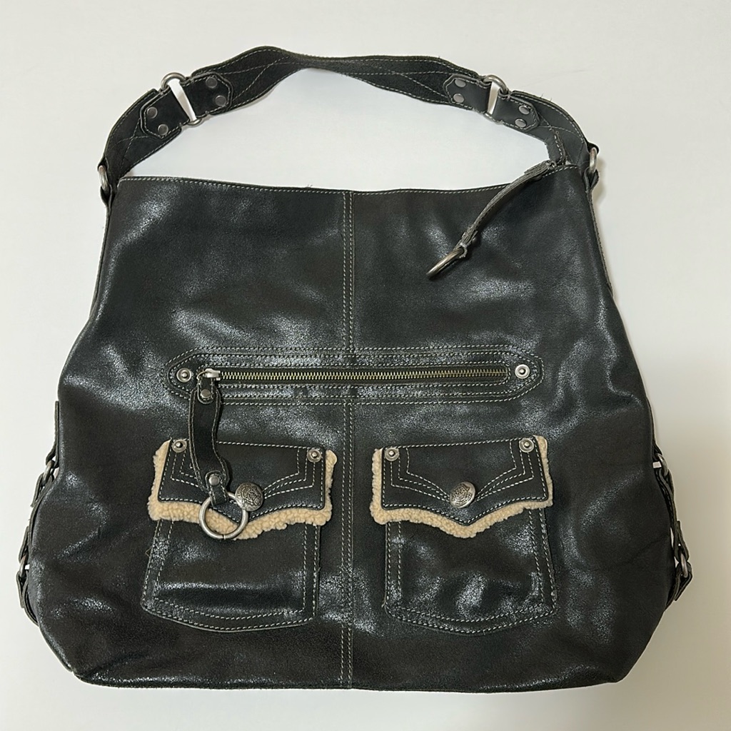 Via Spiga Charcoal Gray Distressed Leather Hobo Handbag Sherpa Trim Pockets